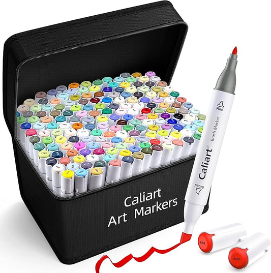 Caliart Alcohol Based Markers, 180 Colors Dual Tip Art Marker Set Fine & Chisel, Permanent Colored Pens for Adults Coloring Book Artists Illustration Sketch Lettering Drawing Cards Planner
