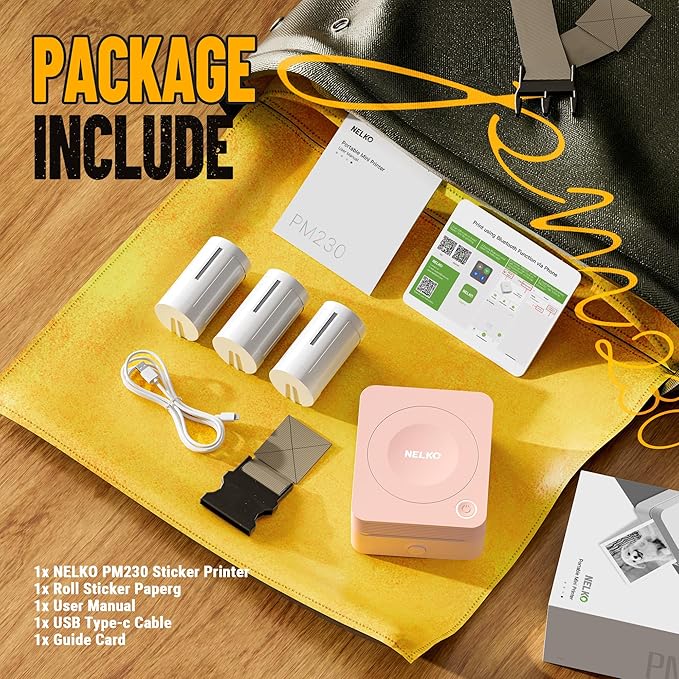 Nelko Sticker Printer, PM230 Print Pod Mini Bluetooth Portabel Sticker Maker with 3 Rolls Paper, Print Pods Mini Printer with Multiple Templates for Phone & Tablet，for School Office Home, Pink