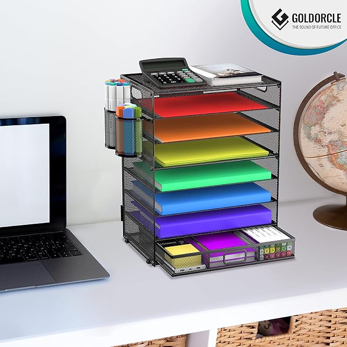 8 Tier Paper Letter Tray Organizer with Drawer & 2 Pen Holders, Mesh Desk File Holder Storage Organization for Home School Classroom & Office