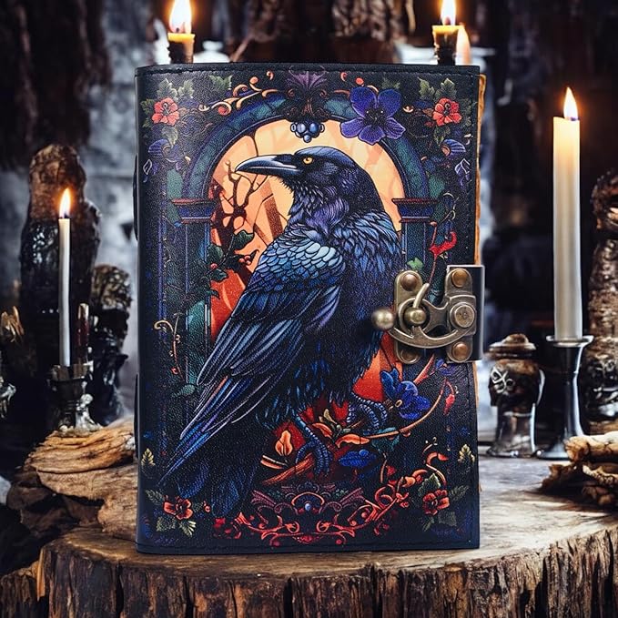Leather Gothic Journal Magical Raven Notebook book of shadows Mystery Crow Journal Grimoire Witchcraft Spell book Journal Great for Halloween and Raven Lovers Aesthetic Leather Journal gifts for Men and Women (8x6 Inches)