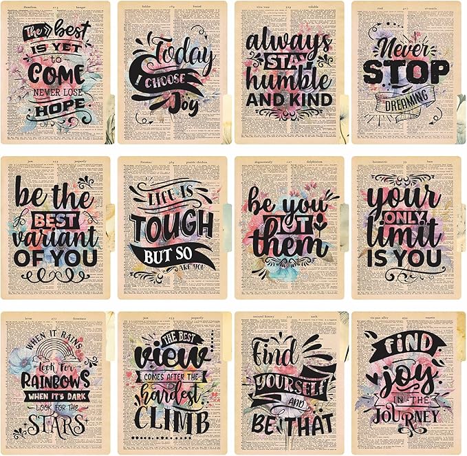 PARTH IMPEX 12 Pack Decorative File Folders, 1/3 Cut Tab with Assorted Positions, Letter Size Paper Holders (9.37” x 11.75”) Matte Finish Laminated for Office School Work - Motivational Quotes Design