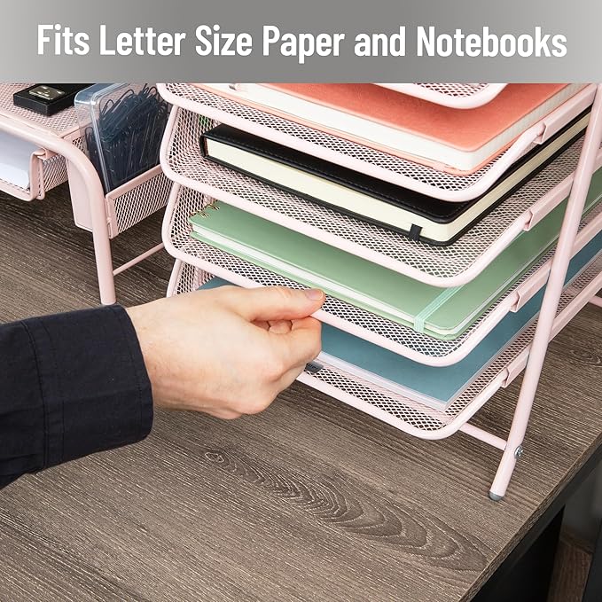 Mind Reader 5-Tier Paper Tray Organizer, Vertical Desktop File Storage Rack, Office, Metal Mesh, Pink