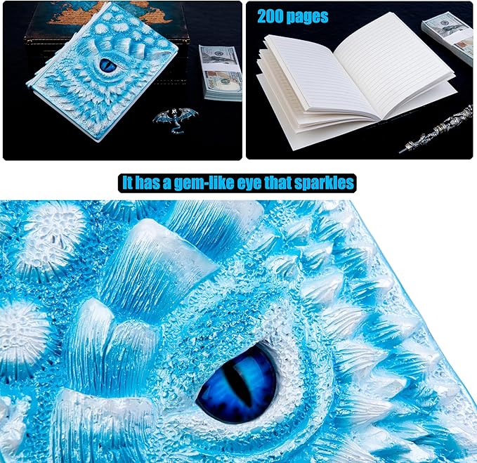 3D Dragon Eye Embossed Journal,Resin Engraving Notebook,Dnd notebook for Dragon Lovers ，Blank Paper,Hardcover Travel Notepad for Writing,Sketchbook,Collection,Gift,Decoration A4 and A5 Size (A5-Ice dragon-Lined)