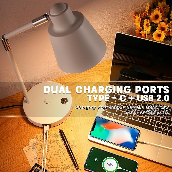 LED Desk Lamp with Dual USB Charging Ports, 100% Metal, 270° Swivel Arms, Soft White Light (3000K), Bedside Reading Lamp, Home Office Lamp(White)