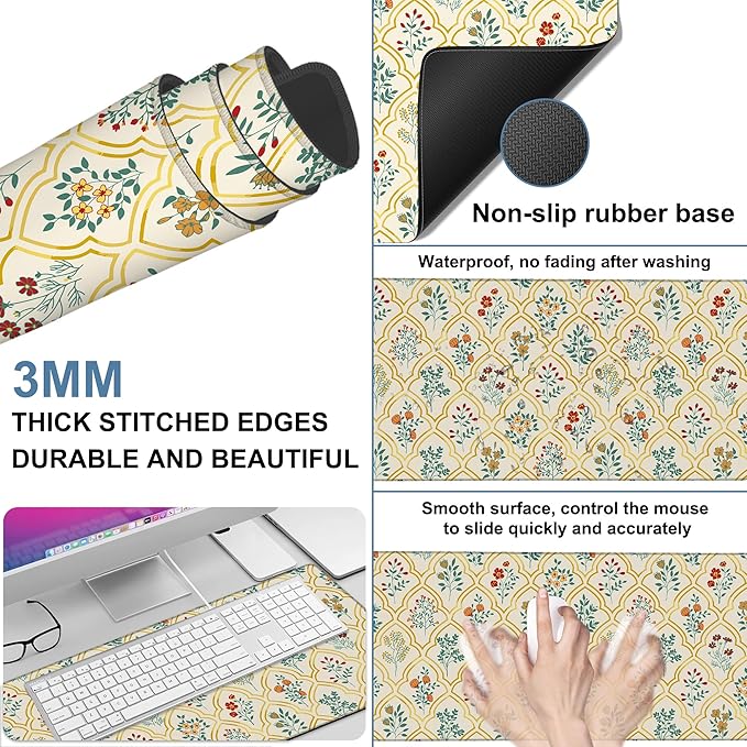 Large Mouse Pad Decorative Floral Gaming Desk Pad Computer Keyboard Non-Slip Waterproof Mouse Mat with Rubber Base and Stitched Edges Entertainment Office Writing Desk Mat 35.4 x 15.7 Inches