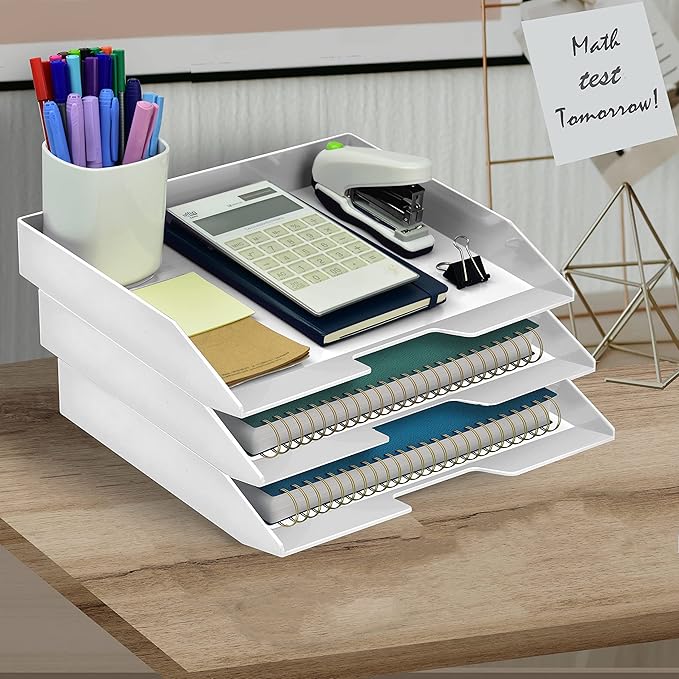 Acrimet Stackable Letter Tray 3 Tier Side Load, Plastic, Desktop File Organizer (White Color)