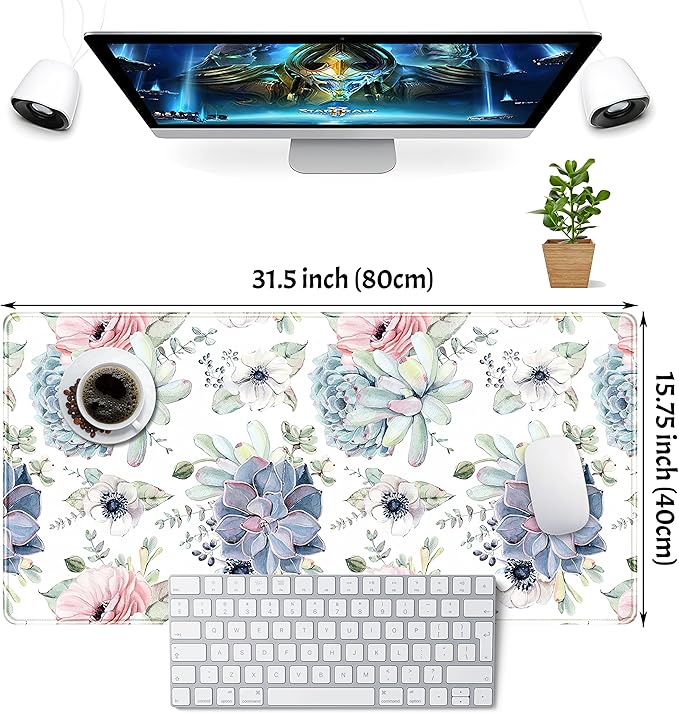 Watercolor Succulents Desk Mat, Plants Succulent Roses Desk Pad Protector, Large Gaming Mouse Pad, Stable Rubber Base Mousepad with Stitched Edges, Keyboard Mouse Mat for Work, Game, Office, Home