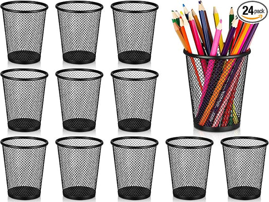 Leelosp 24 Pcs Pen Holder Mesh Pen Cup Bulk Metal Pencil Cup Holder for Desk Black Organizer Round Office Classroom for Back to School Students Kids Adult