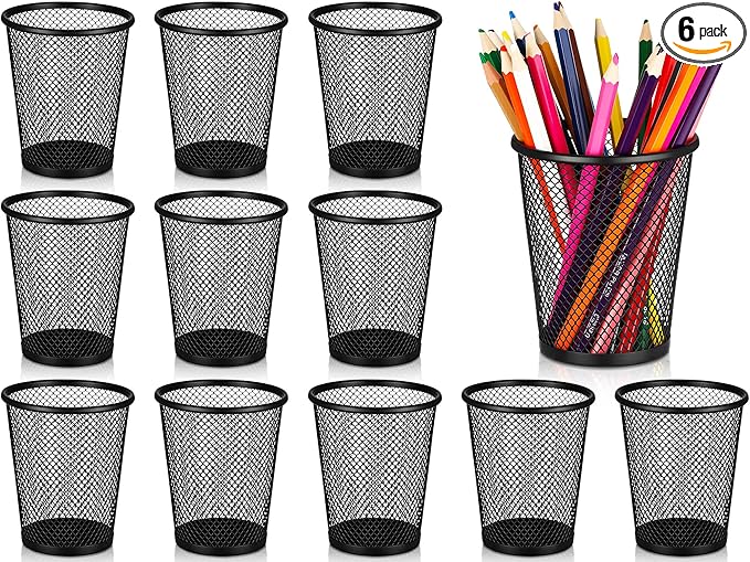Leelosp 6 Pcs Pen Holder Mesh Pen Cup Bulk Metal Pencil Cup Holder for Desk Black Organizer Round Office Classroom for Back to School Students Kids Adult