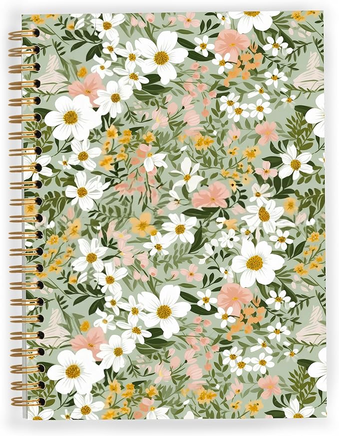 Sage Green Floral Spiral Notebook, Cottagecore Daisy Flower Notebook for Note Taking, Wildflower Aesthetic Botanical Journal for Writing, 5.5x8.3 Inch