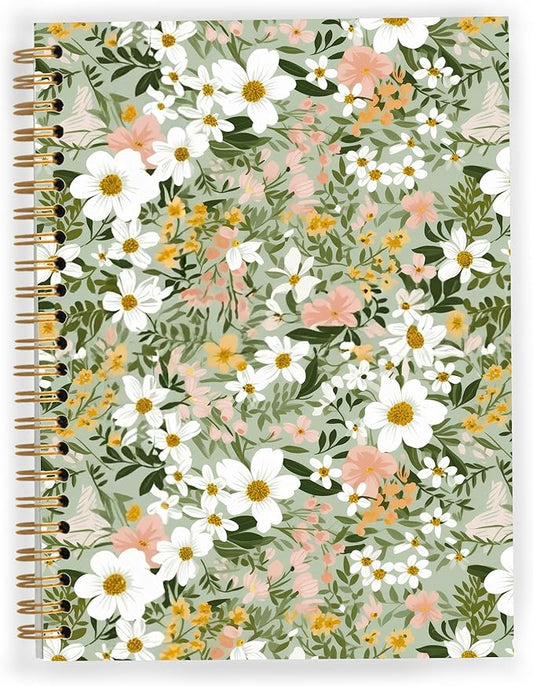 Sage Green Floral Spiral Notebook, Cottagecore Daisy Flower Notebook for Note Taking, Wildflower Aesthetic Botanical Journal for Writing, 5.5x8.3 Inch