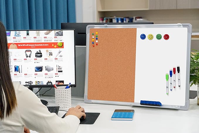 Combination Whiteboard Bulletin Board Set - 24 x 18 in Dry Erase/Cork Board with 1 Magnetic Dry Eraser, 4 Markers, 4 Magnets and 10 Thumb Tacks - Combo Tack Board White Board for Home Office Desk