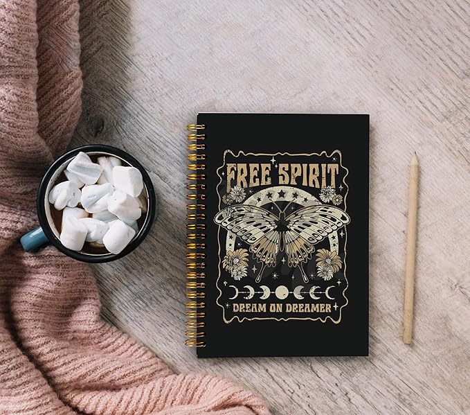 Retro Free Spirit Dreamer Butterfly Witchy Notebook - Witch Journal, Witchy Gifts for Women, Witch Stuff, Moon Phase Journal, Aesthetic Notebook for Women, Spiral Notebook 5.5x8.3