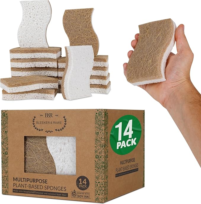 Natural Kitchen Sponge - Biodegradable Compostable Plant Based Coconut Scrubber Sponge - 14pcs