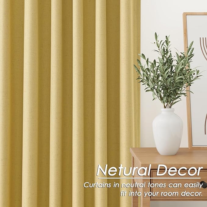 Nanspring Gold Linen Blackout Curtains 90 Inches Long Back Tab Pocket Noise Cancelling Sound Proof Total Sun Blocking 2 Panels Set for Sliding Door Modern Farmhouse Curtains Drapes 52x90