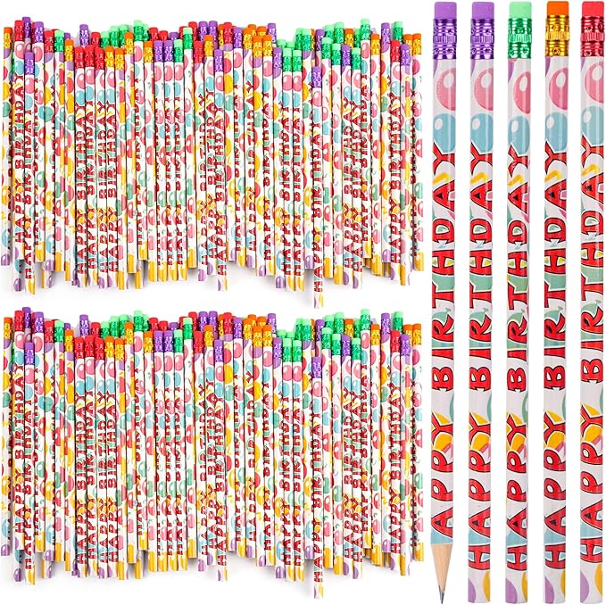 Kolewo4ever 200Pcs Happy Birthday Pencils - Bright Wooden Pencils with Top Erasers for Kids & Adults - Party Favors & School Supplies