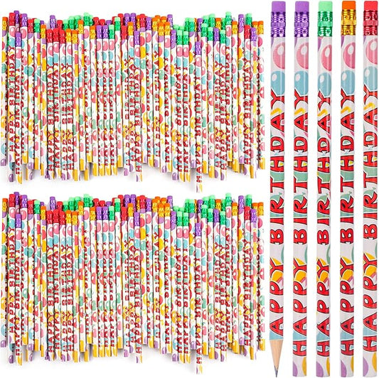 Kolewo4ever 200Pcs Happy Birthday Pencils - Bright Wooden Pencils with Top Erasers for Kids & Adults - Party Favors & School Supplies