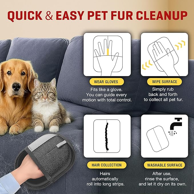 MyPera Pet Hair Remover Gloves for Cats & Dogs, Electrostatic Pet Hair Removal Gloves Brush for Pets Hair, Upgraded Animal Fur Removal Tool, Reusable Cats & Dogs Grooming Gloves for Hair Removal (1)