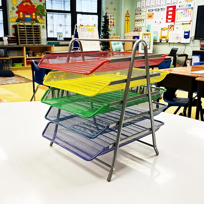 Mind Reader 5-Tier Paper Tray Organizer with Multicolor Trays, Classroom File Organizer for Teachers, Metal Mesh, Assorted Colors