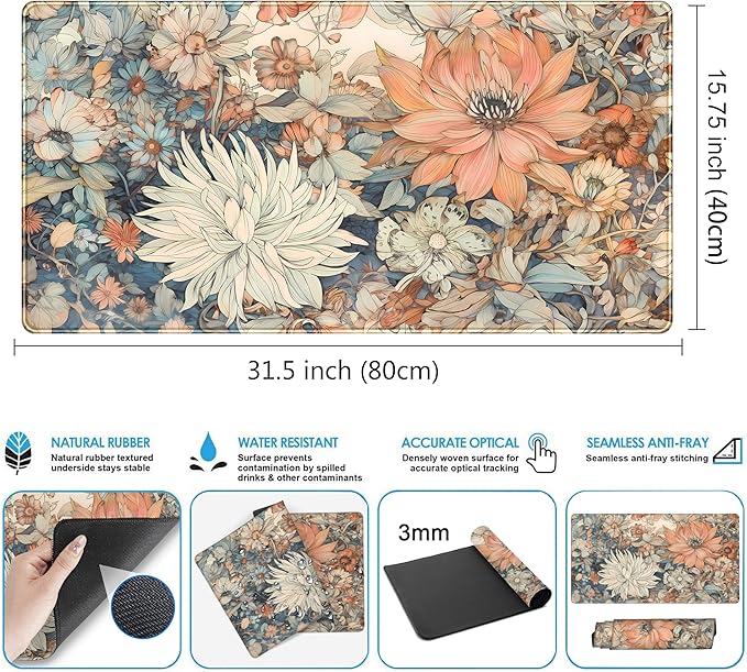 Retro Japanese Floral Mouse Pad Boho Desk Mat Aesthetic Flower Desk Matt for Desktop Large XXL Extended Gaming Deskmat, Laptop Keyboard Mouse Mat Office Decor Accessories for Women 31.5''x15.7''