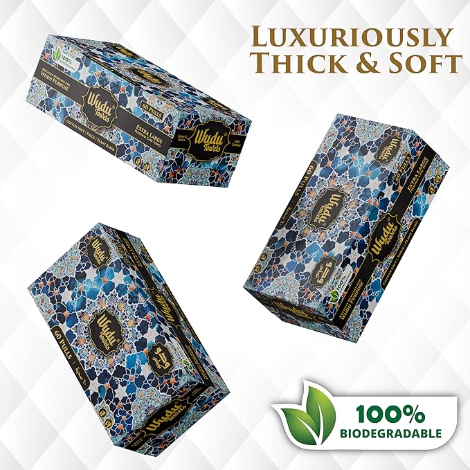 Wudu Towel After Ablution – 60 Count (Pack of 1) – Biodegradable Cloth-Based Dry Towels – Islamic Prayer Accessory for Home, Mosques, Travel – Pairs with Prayer Beads, Mats & Qibla Compass