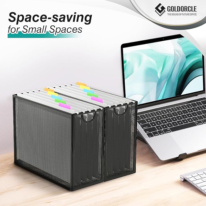 White Hanging File Organizer Box, Hanging File Folder Frame with 5 Letter-size Hanging Folders, Metal Mesh Desk File Folder Storage (No Assembly Required)