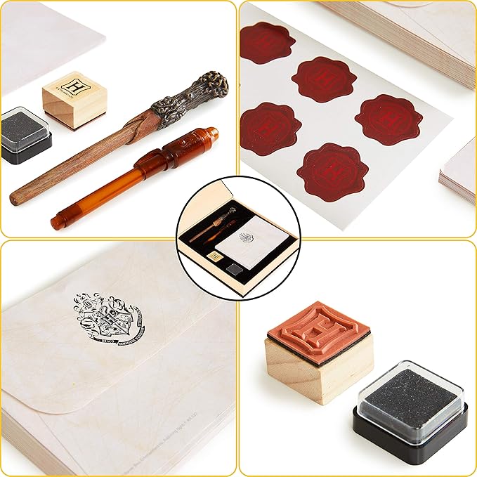 Harry Potter Calligraphy Set with Notepad Wand Pen Magic Invisible Ink Pen Envelopes Paper Cool Stickers Ink Stamp Fun Hogwarts Stationary Gift for Kids