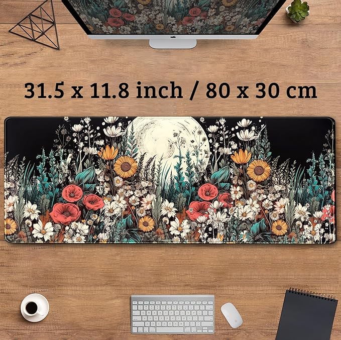 Cute Watercolor Floral Desk Pad Mouse Pad Full Moon Daisy Desk Mat XL Large Extended Anime Gaming Mousepad 31.5''x11.8'', Aesthetics Women Office Decor Matt Keyboard Mouse Mat with Stitched Edges