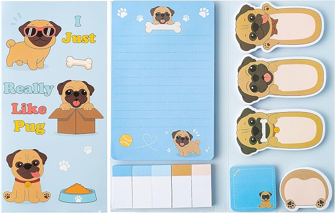 Xqumoi I Just Really Like Pug Sticky Notes Set, 550 Sheets, Cute Cartoon Pug Self-Stick Notes Pads Animal Divider Tabs Bundle Writing Memo Pads Back to School Office Supplies Small Gift