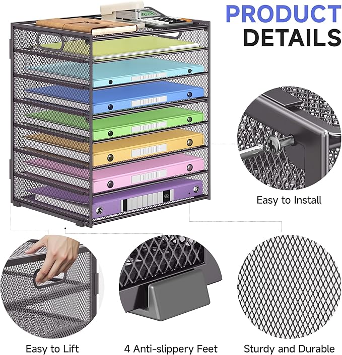 8 Tier Paper Organizer with Handle, Metal Mesh Desk File Organizer, Large Capacity Desk Organizers Paper Letter Tray Desktop Document Sorter for Office, Home or School-Grey