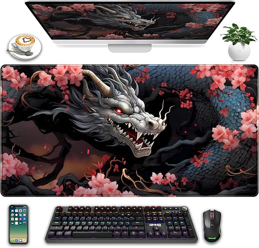 Cute Sakura Dragon Gaming Mouse Pad Kawaii XXL Large Extended Anime Desk Mat, Non-Slip Rubber Base Mousepad, Office Decor Desk Pad, Cool Keyboard and Mouse Mat with Stitched Edges, 31.5x15.75 in