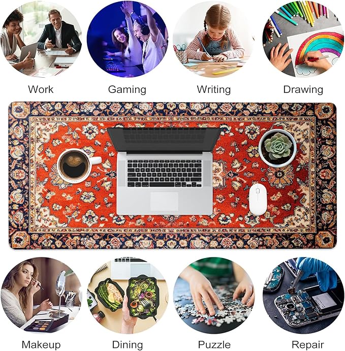 Desk Pad, Vintage Red Boho Rug XL Gaming Mouse Pad with Stitched Edges,Non-Slip Waterproof Rubber Base Large Desk Mat for Keyboard and Mouse 31.5"x11.8"