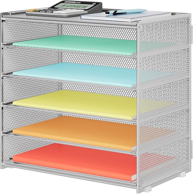 6 Tier Paper Organizer, Metal Mesh Desk File Folder, Letter Tray Organizer, Paper Sorter Desk Organizers for Office, Home or School File Folder Holder - Silver