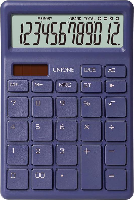 UNIONE Desktop Navy Calculator with a Bright LCD, Dual Power Handheld Desktop. Color. Business, Office, High School, 4×6 inch