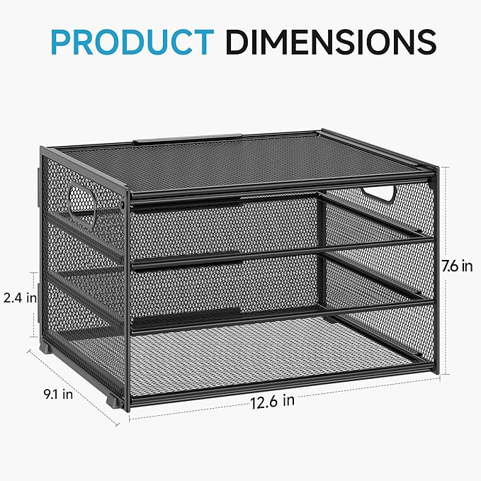 Lavatino 3-Tier Letter Tray Desk Organizer, Mesh Metal Paper File Tray Organizer for Desk, Office Supplies & Home Organization, Fits A4 Paper, Mail, Magazines & Office Accessories (Black with Handle)