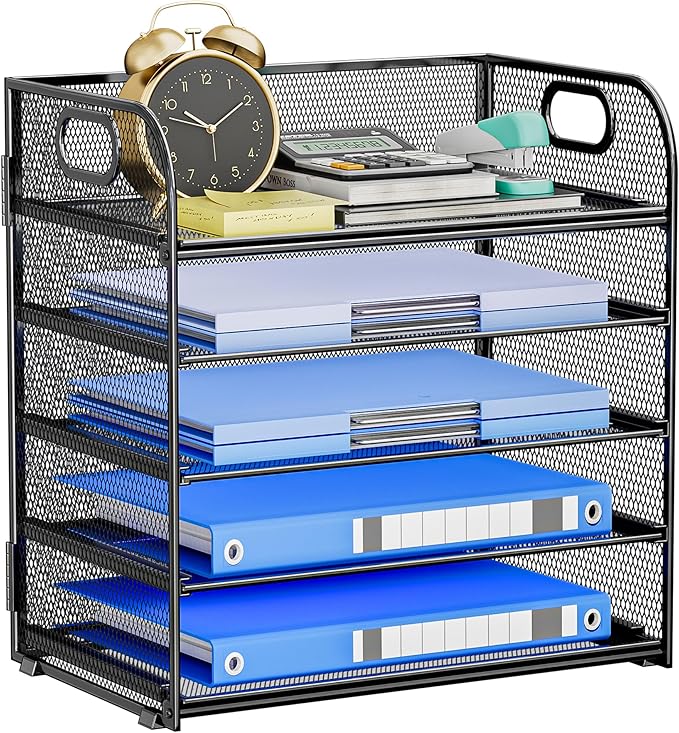 Paper Organizer for Desk Accessories & workspace 5 Tier Organizers Organizer with Handle Letter Tray Mesh Paper Sorter Desk Organizer for Office Home Supplies-Black