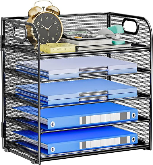 Paper Organizer for Desk Accessories & workspace 5 Tier Organizers Organizer with Handle Letter Tray Mesh Paper Sorter Desk Organizer for Office Home Supplies-Black