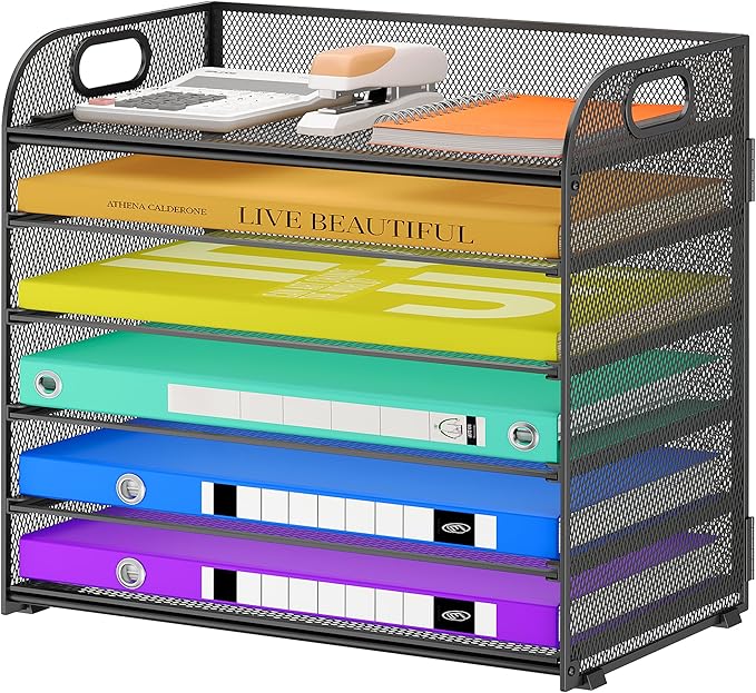 6 Tier Paper Organizer with Handle, Metal Desk Organizer Mesh Paper Letter Tray Desktop File Folder Document Sorter for Classroom, School, Office Accessories Organization and Storage - Black