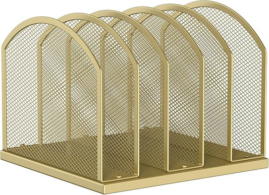 5-Section Vertical Desktop Organizer, 5-Section Mesh File Folder Stand Sorter for Office Home Classroom Organization (1, Gold)