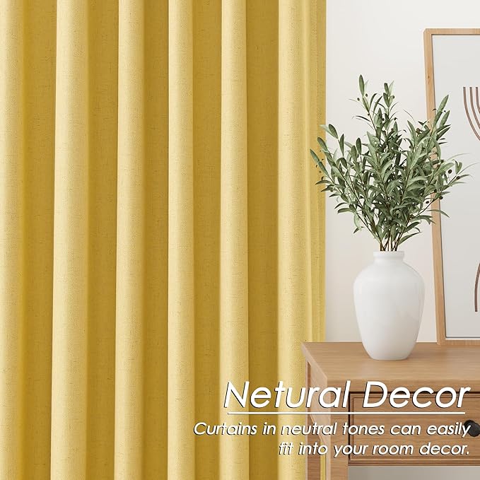 Nanspring Gold Yellow Linen Blackout Curtains 108 Inches Long Loop Pocket Rod Pocket Cooling Noise Reducing 100% Blackout 2 Panels Set for Bedroom Neutral Rustic Curtains Drapes 52x108