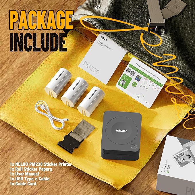 Nelko Sticker Printer, PM230 Print Pod Mini Bluetooth Portabel Sticker Maker with 3 Rolls Paper, Print Pods Mini Printer with Multiple Templates for Phone & Tablet，for School Office Home, Black
