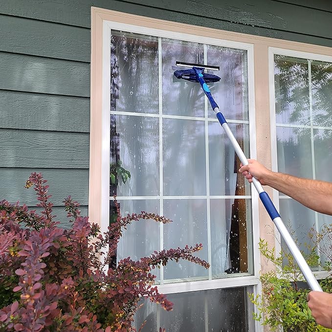 Bring It On Cleaner 20 Foot Reach Extension Pole Plus Squeegee & Window Washer Telescopic Pole for Window Cleaning Extension Pole for Cleaning Windows