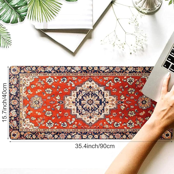 Desk Pad, Vintage Red Boho Rug XXL Gaming Mouse Pad with Stitched Edges,Non-Slip Waterproof Rubber Base Large Desk Mat for Keyboard and Mouse 35.4"x15.7"