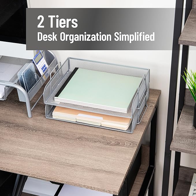 Mind Reader Stackable Paper Tray, Desktop Organizer, File Storage, Office, Metal Mesh, 13.25" L x 9.75" W x 6.25" H, 2 Pcs., Silver