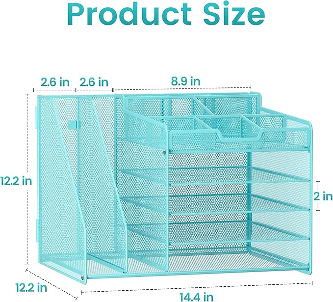 Lavatino 5-Tier Desk Organizer with 2 File Holders, Metal Adjustable Paper Letter Tray for Office or Home Desk Organizers and Accessories | 7 Flexible Dividers Keep Workspace Supplies Neat, Blue