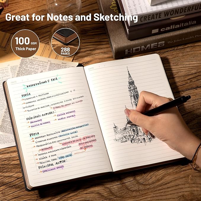 CAGIE Compass Leather Notebook Journal for Men, 100 GSM 288 Pages Lined Journals for Writing, A5 Hardcover Journaling Notebooks Gift Set with Pen for Travel Office Daily Writing