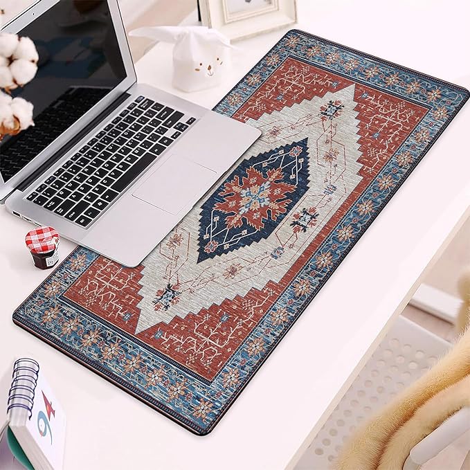Gaming Mouse Pad, Vintage Retro Boho Rug Large Desk Mat for Keyboard and Mouse,Non-Slip Rubber Base and Stitched Edges Desk Pad for Home Office 35.4x15.7in