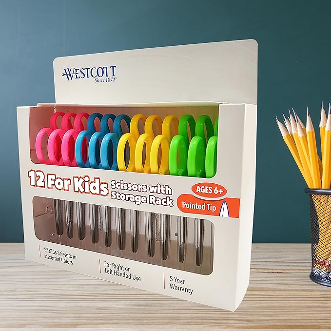 Westcott Right- & Left-Handed Pointed Scissors for Kids Ages 6+, Durable Stainless Steel Blades, Back to School Supplies, Classroom Scissors, Includes Storage Rack, 5-Inch, 12 Pack, Assorted Colors