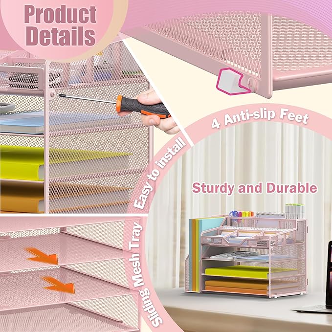 Docnest 4 Tier Mesh Desk Organizer with File Holder – Multi-Functional Paper Letter Tray with 5 Adjustable Compartments, 3 Pen Holders, Desktop Storage for Files, Mail, Stationery – Pink