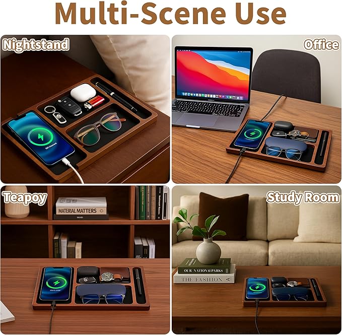 Valet Tray, Multi-Space Acacia Wood Leather Surface Desk Organizer Tray with Charging Assistance Port for Office or Study Room, Nightstand Organizer for EDC, Store Phone, Watch, Wallet, Keys, Jewelry